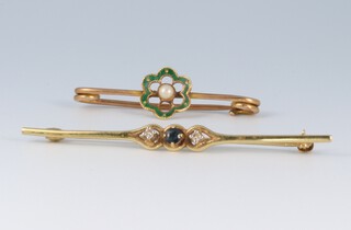 A 9ct yellow gold seed pearl and enamelled brooch, a ditto sapphire and diamond brooch, 3.3 grams 