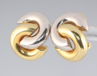 A pair of 14ct two colour gold pierced hoop earrings, 8.2 grams 