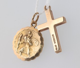 A 9ct yellow gold St Christopher pendant and a ditto cross pendant 12.7 grams 