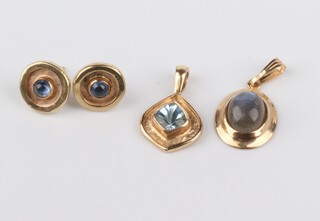 Two 9ct yellow gold hardstone pendants and a pair of ditto ear studs, 6.2 grams gross 