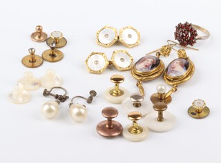 A pair of Victorian painted porcelain gilt drop earrings and minor studs