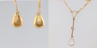 A 9ct yellow gold opal necklace and a pair of gem set ear clips 3.4 grams 