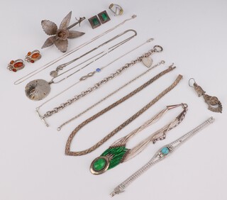 A Continental filigree orchid brooch and other items of silver  jewellery, gross weight 100 grams 