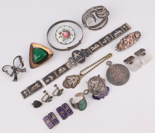 A Norwegian silver and guilloche enamel brooch, life saving medallion and other items of silver  jewellery, gross weight 116 grams  