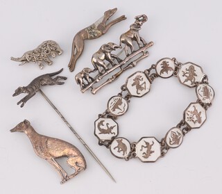 A lady's silver and enamelled bracelet, 4 brooches and a hound tie pin, 48 grams 