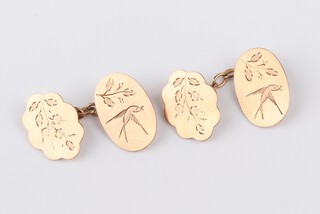 A pair of 9ct yellow gold engraved cufflinks decorated with birds and flowers 4.7 grams 