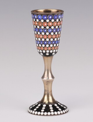 A Russian silver and enamelled tot marked 916 with 3 colour dot decoration, 9cm