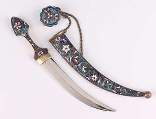 A Russian silver and enamel paperknife in the shape of a dagger and scabbard with chain and waist clip numbered 84 AA, 19cm 