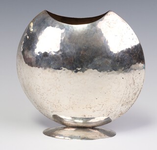A silver hammer pattern crescent shaped vase with splayed foot, London 1999, maker Mappin & Webb, 15cm, 410 grams 