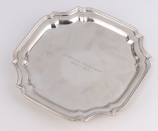 A silver Chippendale style card tray with hoof feet and presentation inscription, London 1987, 15cm, 156 grams 