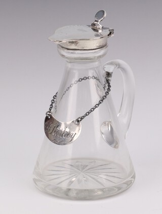 A silver mounted glass toddy decanter Birmingham 1921 with a ditto whisky label 13cm 
