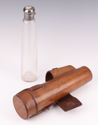 A silver plated mounted tapered glass travelling decanter in a leather case 22cm 