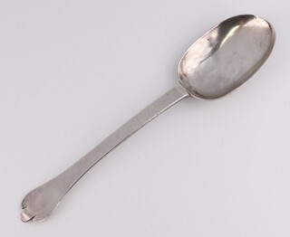 A Charles II  silver triffid spoon with rat tail bowl and engraved monogram RHE, rubbed date letters, maker Thomas Allen IV, 19.5cm 
