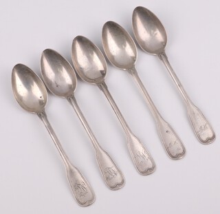 Five German silver fiddle pattern tea spoons 94 grams 