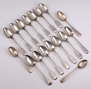 A set of 6 silver fiddle pattern teaspoons with monogram, London 1850, together with a collection of spoons - mixed makers and dates, 368 grams 