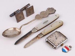 A Chinese silver teaspoon, a pair of cufflinks, 2 pocket knives, a watch and a charm 