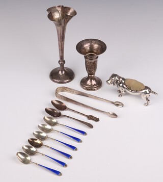 A Victorian silver posy vase with wavy rim, London 1898, 16cm, a ditto, pair of silver sugar nips, 2 silver spoons, 6 enamelled silver teaspoons (4 bruised) and a plated mounted Dachshund pin cushion (broken tail)