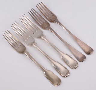 A pair of George III silver fiddle and thread pattern table forks London 1780, 3 other forks, 378 grams 