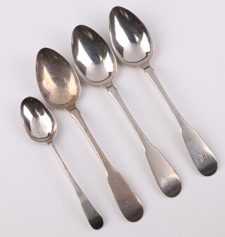 Three Scottish provincial silver Old English dessert spoons with engraved initial, date and letters rubbed, maker Daniel McLean Perth and a similar tea spoon 98 grams 