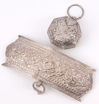 An Indian repousse silver plaque decorated with birds and flowers 17cm, ditto octagonal box 128 grams 