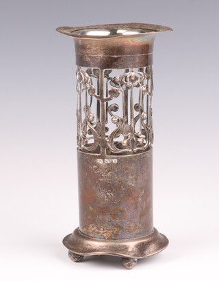 An Art Nouveau pierced circular silver vase with floral decoration on ball feet, Sheffield 1904, maker Roberts and Belk, 19cm, 226 grams 