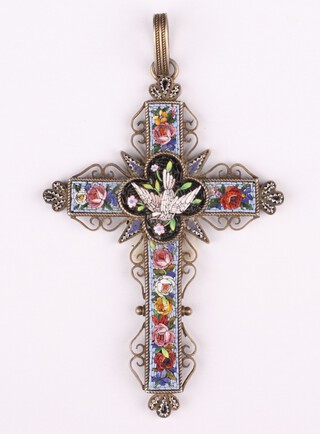A late 19th Century Continental micro mosaic brooch in the form of a cross with a dove and flowers 8cm 