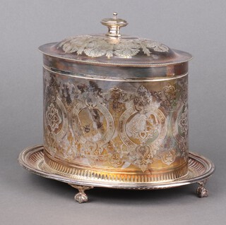 An Edwardian oval silver plated engraved biscuit barrel on claw and ball feet 23cm 