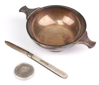 A silver quaiche Birmingham 1976, 16cm, 113 grams together a commemorative coin and silver fruit knife 