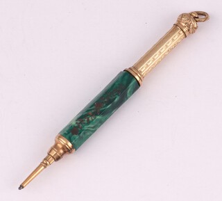 A Victorian gilt mounted faux malachite propelling pencil 8cm