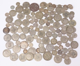 A quantity of pre 1947 coins including 1889 crown, half crowns, florins, half florins, half crowns, sixpences, shilling, threepences, 677 grams 