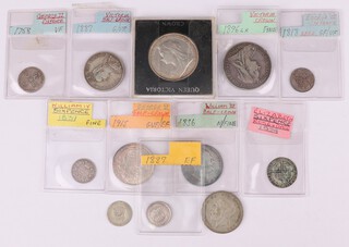 An 1895 crown, an 1836 half crown, a George II 1758 sixpence, a George III 1818 sixpence and other minor coinage 