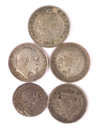 A Charles II 1687 two pence and 4 other coins 