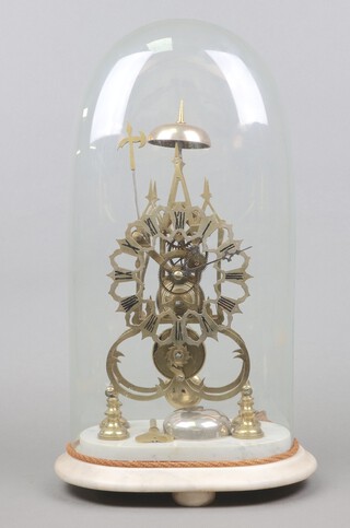 A fusee gut driven, striking on gong skeleton clock in the form of a cathedral, having a 16cm pierced metal dial with Roman numerals, raised on an oval marble base 43cm h x 28cm w x 22cm d, complete with pendulum, key, extra bell and glass dome 