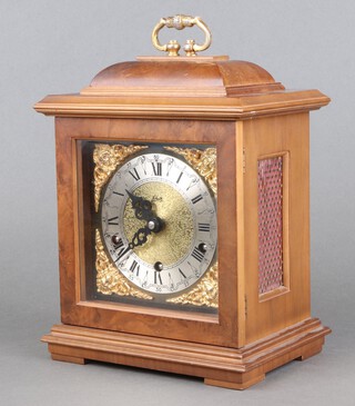 Schatz, a Georgian style chiming bracket clock with 13cm gilt dial, silvered chapter ring, Roman numerals, contained in a walnut case 24cm h x 19cm w x 14cm d 