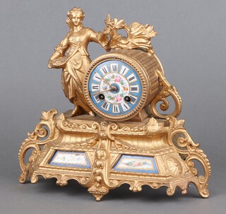 Japy Freres,  a French 8 day striking mantel clock with Sevres style floral porcelain dial, contained in a gilt spelter case supported by a figure of a lady depicting The Harvest, the black plate numbered 15911 31658, the case marked 42 Brunfaut