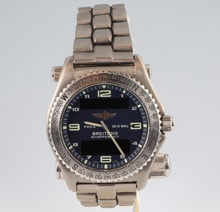 A gentleman's, rare Breitling Emergency wristwatch contained in a 43mm titanium case, having micro antennas for aviation emergency frequency, emergency reference E56321 with apertures for digital displays at 6 and 12 o'clock, with luminous 3, 6, 9 and 12, having silvered baton hands, the case with a 4 screw back with calibrated bi-directional bezel, the micro antennas between the lugs at 12 and 6 with signed clasp, case numbered 335586FCCID.OPFE56X21-Y