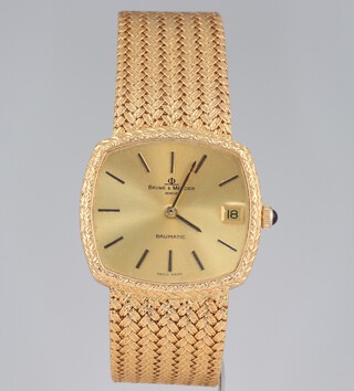 A gentleman's Baume & Mercier 18ct yellow gold vintage wristwatch with gold dial and calendar aperture, on a textured bracelet, 32mm, 85.6 grams gross 