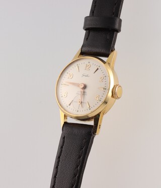 A lady's 18ct yellow gold Gruko wristwatch with seconds at 6 o'clock, contained in a 22mm case 