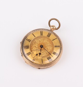 A lady's 14ct yellow gold key wind fob watch with floral engraved and champagne dial with seconds at 6 o'clock, contained a 40mm case, 46.5 grams gross including the movement and glass 