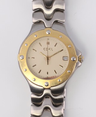 A gentleman's bi-metallic Ebel Sportwave quartz calendar wristwatch, the 35mm case numbered 93904282, on an Ebel steel bracelet, with original label and leather pouch, guarantee and warranty booklet, outer box 