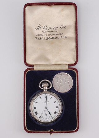 An Art Deco silver mechanical pocket watch  by J W Benson with seconds at 6 o'clock, numbered 63538, 50mm, Birmingham 1934, with original box and together with a silver commemorative medallion 