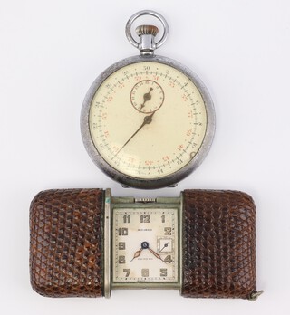 An Art Deco Movado Ermeto travelling timepiece with seconds at 3 o'clock, contained in a faux leather case 6cm and a chromium cased stop watch 