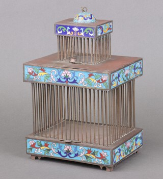 A 20th Century Chinese cloisonne 2 tier bird cage with scrolling floral decoration on bracket feet and with hanging hook 23cm 