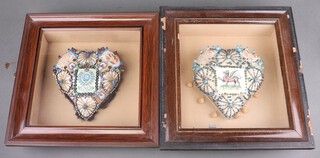 Two sweetheart, heart shaped pin cushions decorated the badge of The Royal Hussars and The Buffs contained in mahogany finished frames 30cm x 34cm 
