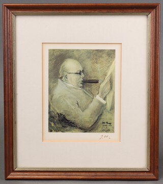 John Spencer Churchill, Duke of Marlborough, a coloured print of a seated Sir Winston Churchill, monogrammed JSC 14cm x 10cm 