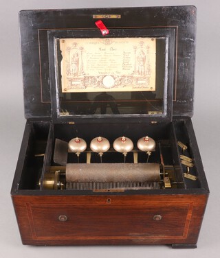 A 19th Century Swiss cylinder musical box striking on 4 bells, having a 22cm drum and playing 8 aires, the hinged interior lid with paper label bearing Fabrique de Geneve listing 8 airs (Mozart Strauss etc) Lith. A Hass Geneva, contained in an inlaid crossbanded rosewood box 22cm h x 46cm w x 29cm d 