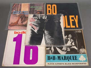 A collection of vinyl LP's records to include The Rolling Stones - Sticky Fingers (with zip CC5900), Alexis Korners Blues Incorporated - R&B From the Marquee Mono ACL 1130, Bo Diddley  - Sixteen NPL 28049, Bo Diddley NPL 28026 and Sonny Boy Williamson Sings Down and Out Blues NPL 28036 
