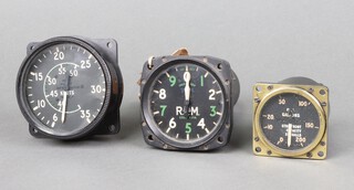 A 200 gallon Halifax Bomber fuel gauge, a de Havilland  Vampire air speed indicator, a Tachometer indicator MKIVB with label dated 15/9/56