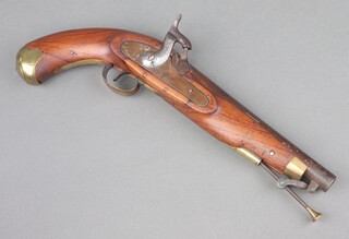 A 19th Century unmarked percussion holster pistol with 23cm barrel, stirrup ram rod, the wooden stock marked 2150, having an unmarked replacement lock plate 