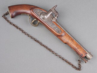 A 19th Century percussion lock holster pistol, the 20cm barrel marked with an X, the lock marked with a Continental crown, having a walnut grip 
